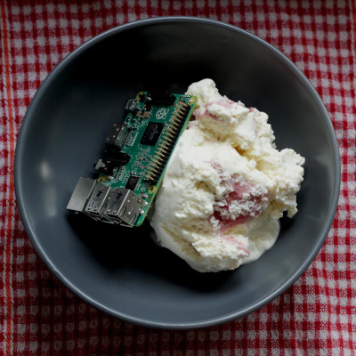 bowl with Raspbery Pi and raspberry white-choc icecream